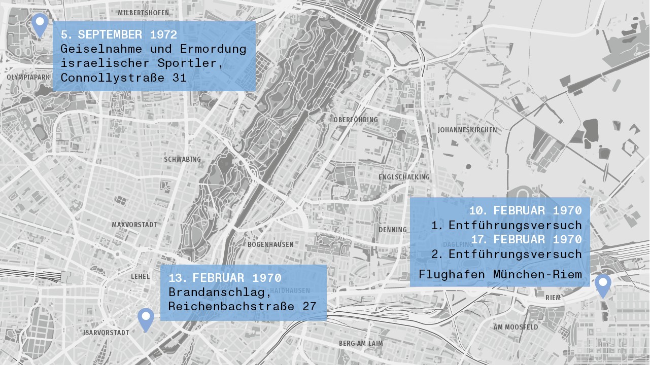 Grafik zum Thema "Schauplatz München". Die Grafik zeigt eine Stadtkarte Münchens in Schwarzweiß, in der die unterschiedlichen Stadtteile gekennzeichnet sind. Auf der Karte sind mit Pfeilen drei Standorte markiert. Neben den Pfeilen stehen blaue Felder, die das Datum der Anschläge und die Geschehnisse an diesem Tag benennen.