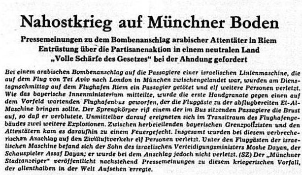 Ausschnitt aus einem Zeitungsartikel. Die Überschrift des Artikels lautet "Nahostkrieg auf Münchner Boden."